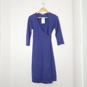 Leallo NEW Navy Blue 100% Cotton 3/4 Sleeve Stretch Knee Length Wrap Dress NWT